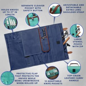 Chef Knife Bag Professional – 12 Slot Knife Roll 16oz Waxed Canvas Leather - Culinary Knife Case to Store & Travel – Light, Portable, Durable (Blue Brown)