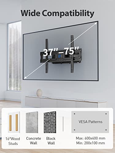 Pipishell Full Motion TV Wall Mount Bracket for 37-75 Inch LCD, QLED,OLED 4K Flat Curved TVs, Dual Arms Tilt Extension Swivel Articulating TV Mount, Max VESA 600x400mm up to 110lbs, Fits 16” Studs