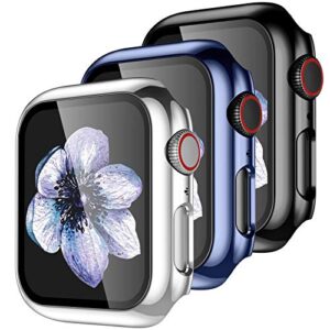 【3 pack】 easuny design for apple watch case 44mm series 6 se series 5 4 with built-in glass screen protector - overall protective hard cover accessories for iwatch women men,black sea-blue silver