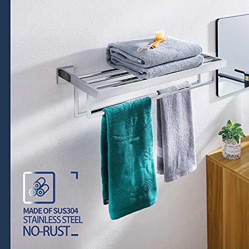 KOKOSIRI 24'' Bathroom Towel Shelf Chrome Towel Rack with Two Bath Towel Bars SUS304 Stainless Steel Wall Mounted, Polished Finish, B6003CH