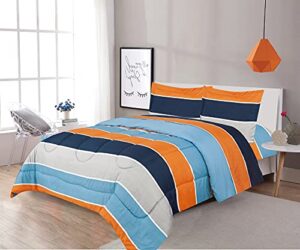 sapphire home 3 piece full size comforter set with shams, blue orange gray stripes print multicolor boys kids girls teen comforter bed cover, (kids stripe, f, 3pc)