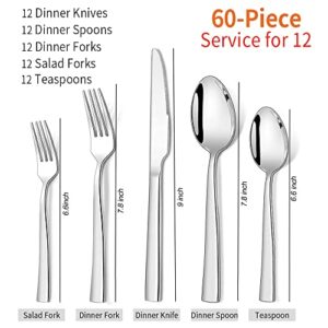 Silverware Set for 12, CXJY 60-Piece Stainless Steel Flatware Cutlery Set, Square Edge Kitchen Utensil Include Knives/Forks/Spoons, Tableware for Home/Hotel, Mirror Polished Dishwasher Safe