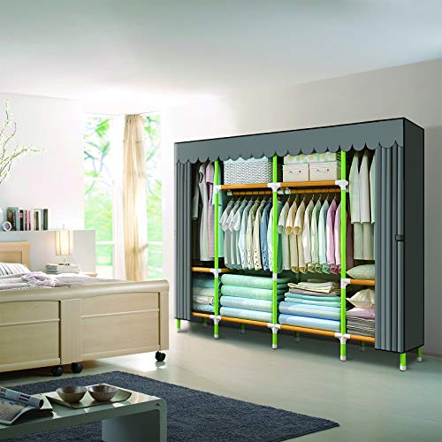 YOUUD Portable Closet 79 Inches Portable Wardrobe Closet for Hanging Clothes with 4 Handing Rods 25mm Colored Iron Tube and Grey Cover, Clothes Storage Organizer Extra Sturdy, Strong and Durable