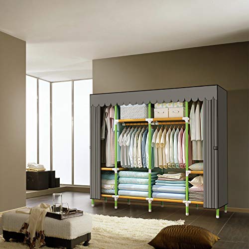 YOUUD Portable Closet 79 Inches Portable Wardrobe Closet for Hanging Clothes with 4 Handing Rods 25mm Colored Iron Tube and Grey Cover, Clothes Storage Organizer Extra Sturdy, Strong and Durable