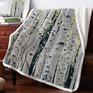 plush sherpa fleece throw blanket birch trees mottled trunk wilt twigs leaves deciduous woodland warm cozy blanket,soft fuzzy reversible lightweight blanket for couch,sofa and bed 50x60 inch