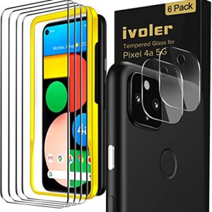 ivoler [6 Pack] [4 Pack] Tempered Glass Screen Protector for Google Pixel 4a 5G with [2Pack] Camera Lens Protector with [Alignment Frame Easy Installation],HD Clear Anti-Scratch Film,6.2 inch