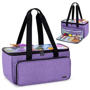 yarwo knitting yarn bag, crochet tote with pocket for wip projects, knitting needles(up to 14”) and skeins of yarn, purple (bag only)