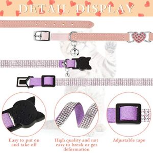 4 Pieces Rhinestone Cat Collar Heart Bling Breakaway Cat Collar Valentine's Day Cat Collar Soft Velvet Collar with Rhinestone Love Heart Adjustable Safety Cat Collar with Bell for Kitty (Pink, Purple)