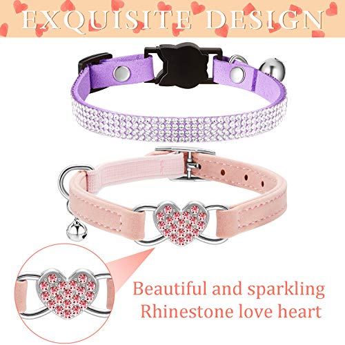 4 Pieces Rhinestone Cat Collar Heart Bling Breakaway Cat Collar Valentine's Day Cat Collar Soft Velvet Collar with Rhinestone Love Heart Adjustable Safety Cat Collar with Bell for Kitty (Pink, Purple)