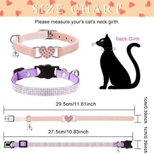 4 Pieces Rhinestone Cat Collar Heart Bling Breakaway Cat Collar Valentine's Day Cat Collar Soft Velvet Collar with Rhinestone Love Heart Adjustable Safety Cat Collar with Bell for Kitty (Pink, Purple)