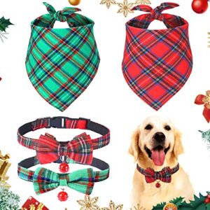 4 pieces christmas dog bandanas and collars set xmas christmas classic plaid dog neck tie triangle bib scarf kerchief adjustable pet bow tie with safety bell pet costume for cat dog (l, classic style)