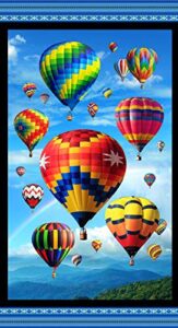 up in the air hot-air balloon digitally printed panel from elizabeth's studio cotton quilt fabric 617 black