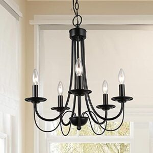 gepow black farmhouse chandelier rustic pendant lighting, small 5-light fixture with 2-layer arms for dining room, bedroom, living room and foyer