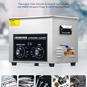 CREWORKS Ultrasonic Cleaner with Heater and Timer, 2.6 gal Digital Sonic Cavitation Machine, 240W 10L Stainless Steel Jewelry Cleaner for Professional Tool Watch Glasses Retainer Denture Coin Cleaning