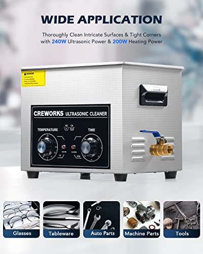 CREWORKS Ultrasonic Cleaner with Heater and Timer, 2.6 gal Digital Sonic Cavitation Machine, 240W 10L Stainless Steel Jewelry Cleaner for Professional Tool Watch Glasses Retainer Denture Coin Cleaning