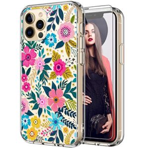 icedio for iphone 12 pro max case with screen protector,clear with cute colorful blooming floral patterns for girls women,slim fit tpu cover protective phone case for iphone 12 pro max 6.7"
