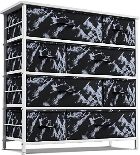 Sorbus Dresser for Bedroom with 8 Drawers - Tall Chest Storage Tower Unit, for Closet, Hallway, Nursery, Entryway Organization - Steel Frame, Wood Top (Marble Black – White Frame)