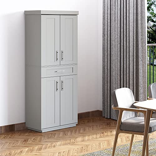 HOMCOM Modern Kitchen Pantry Freestanding Cabinet Cupboard with Doors and Drawer, Adjustable Shelving, Grey