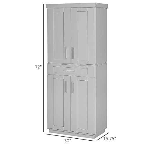 HOMCOM Modern Kitchen Pantry Freestanding Cabinet Cupboard with Doors and Drawer, Adjustable Shelving, Grey