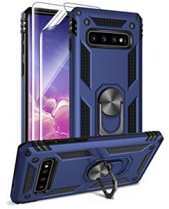 androgate for samsung galaxy s10 case with hd screen protectors, military-grade metal ring holder kickstand 15ft drop tested shockproof cover case for samsung galaxy s10 (2019) blue