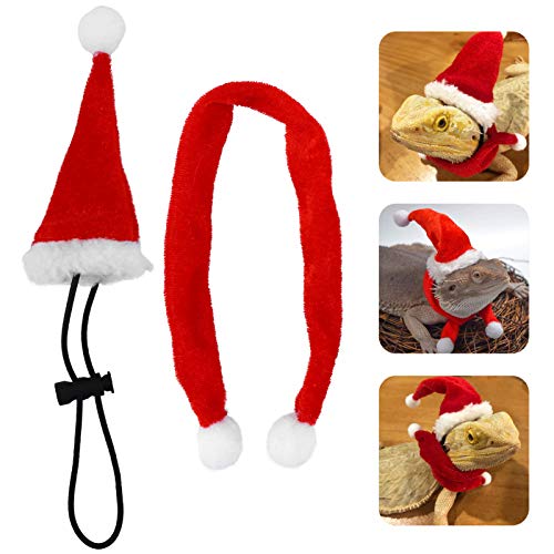 Hemobllo 2pcs Bearded Dragon Santa Hat for Lizard Reptile with Scarf Christmas Pet Costume Clothes Outfit for Xmas Holiday Party Photos Props Red