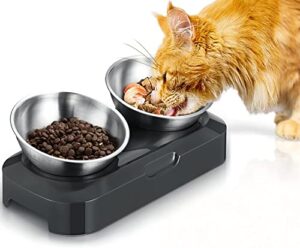 pewingo raised cat bowl with stainless steel, non-slip silicone mat & raised cat feeder with 15° & 0° tilting neck protective bowl for pets, cats food and water feeding