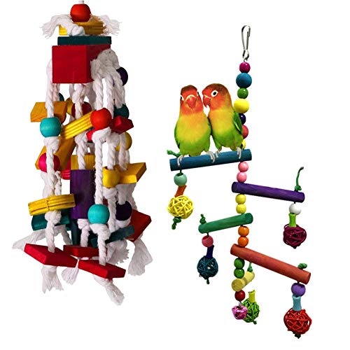 Quality Bird Toys for Parrots [2 Pack] Large Parrot Bird Chewing Toy, Multicolored Wooden Blocks Tearing Toys, for Lovebirds, African Grey，Grey Macaws, Cockatoos