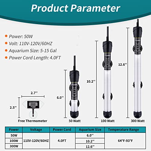 FREESEA Aquarium Fish Tank Heater: 50 Watt Submersible Betta Heater - Adjustable Thermostat with Thermometer for 5-15 Gallon Marine | Saltwater | Freshwater