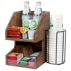 vencipo 2-tier coffee condiment organizer with metal vertical coffee cups rack, wooden counter top tea bag storage station for holds beverage bags, packets, spices, pods, condiment accessories holder.