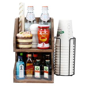 Vencipo 2-Tier Coffee Condiment Organizer with Metal Vertical Coffee Cups Rack, Wooden Counter Top Tea Bag Storage Station for Holds Beverage Bags, Packets, Spices, Pods, Condiment Accessories Holder.