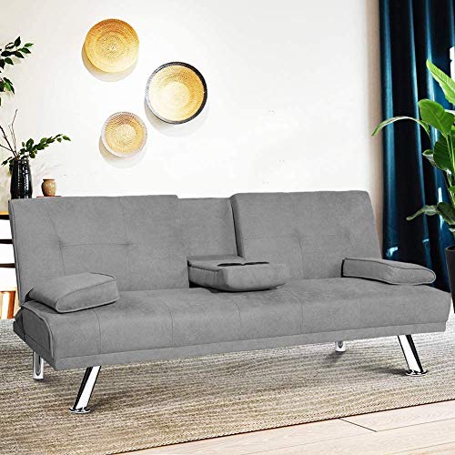 HCWORLD Sleeper,Modern Futon Sofa Bed, Couch Metal Legs and 2 Cup Holders Convertible Seat for Apartment Home Furniture-Gray