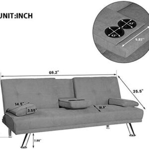 HCWORLD Sleeper,Modern Futon Sofa Bed, Couch Metal Legs and 2 Cup Holders Convertible Seat for Apartment Home Furniture-Gray