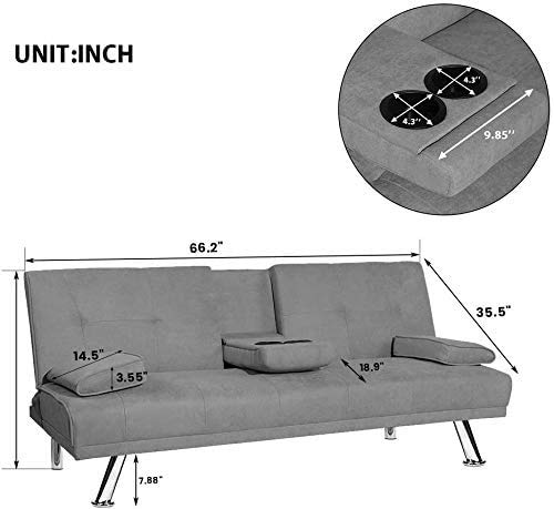 HCWORLD Sleeper,Modern Futon Sofa Bed, Couch Metal Legs and 2 Cup Holders Convertible Seat for Apartment Home Furniture-Gray