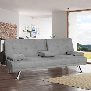 HCWORLD Sleeper,Modern Futon Sofa Bed, Couch Metal Legs and 2 Cup Holders Convertible Seat for Apartment Home Furniture-Gray