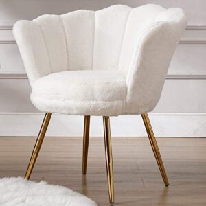 plush faux fur upholstered living room chair, comfy mid-century modern micro fiber vanity chair with gold legs, retro accent barrel dining chair, white