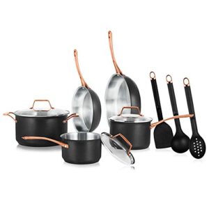 nutrichef 11 pcs. stylish kitchen set w/modern cookware design non-stick kitchenware pots & pans, small & medium skillet fry pans w/golden handles, nconyx