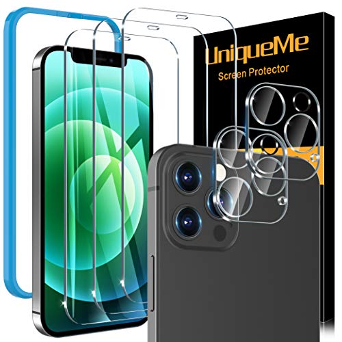 UniqueMe [5 Pack] Screen Protector Compatible With iPhone 12 Pro Max 6.7 [Not for iPhone 12 Pro], 3 Pack Clear Tempered glass and 2 pack Camera Lens Protector, [Installation Frame][Precise Cutout]