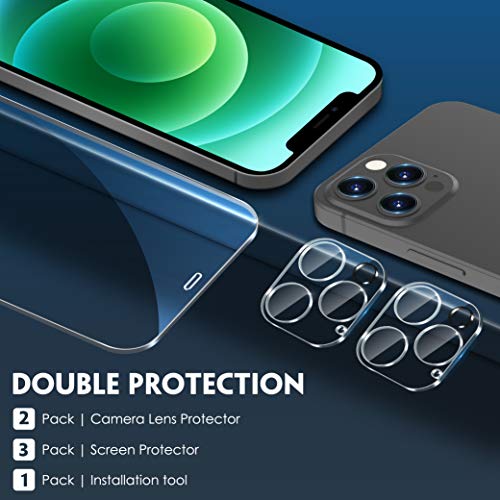 UniqueMe [5 Pack] Screen Protector Compatible With iPhone 12 Pro Max 6.7 [Not for iPhone 12 Pro], 3 Pack Clear Tempered glass and 2 pack Camera Lens Protector, [Installation Frame][Precise Cutout]