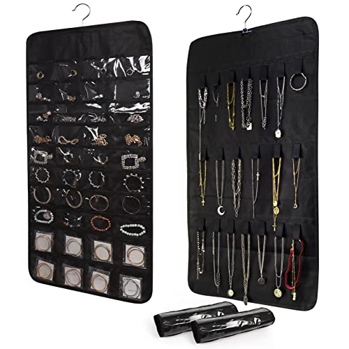 CRUGLA 2 Packs Hanging Jewelry Organizer Set, Dual Sided 80 Pockets and 40 Hook Loops Black Hanging Accessories Closet Organizers Earring Necklace Holder for Jewellery