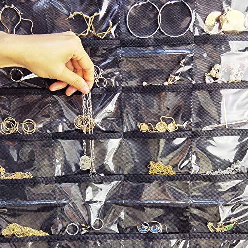 CRUGLA 2 Packs Hanging Jewelry Organizer Set, Dual Sided 80 Pockets and 40 Hook Loops Black Hanging Accessories Closet Organizers Earring Necklace Holder for Jewellery