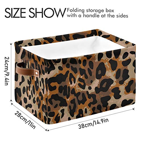 ALAZA Decorative Basket Rectangular Storage Bin, Jaguar Cheetah Animal Skin Leopard Colored Organizer Basket with Leather Handles for Home Office