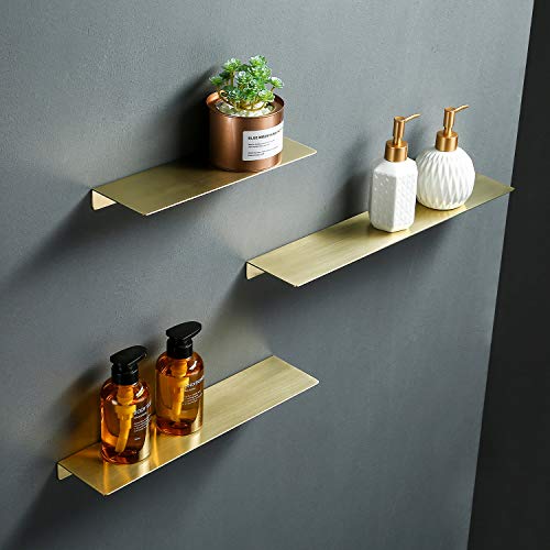 TRUSTMI Floating Shelf Wall Mounted Brushed Gold SUS304 Stainless Steel Storage Shelves for Bathroom Kitchen Bedroom Home Décor, (12 inch x 4 inch), Brushed Brass