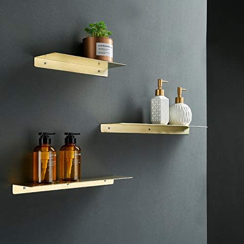 TRUSTMI Floating Shelf Wall Mounted Brushed Gold SUS304 Stainless Steel Storage Shelves for Bathroom Kitchen Bedroom Home Décor, (12 inch x 4 inch), Brushed Brass