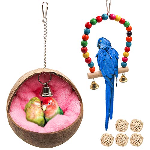 Natural Coconut Bird Nest,Parrot Coco Hut House Bed with Warm Mat Resting Breeding Place&Bird Natural Wood Swing Toys for Budgerigar, Parakeet, Cockatiel, Love Birds, Finches(H01)