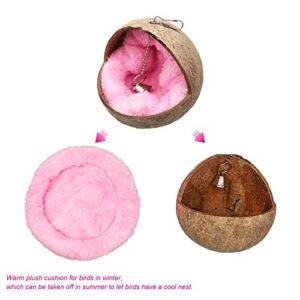 Natural Coconut Bird Nest,Parrot Coco Hut House Bed with Warm Mat Resting Breeding Place&Bird Natural Wood Swing Toys for Budgerigar, Parakeet, Cockatiel, Love Birds, Finches(H01)