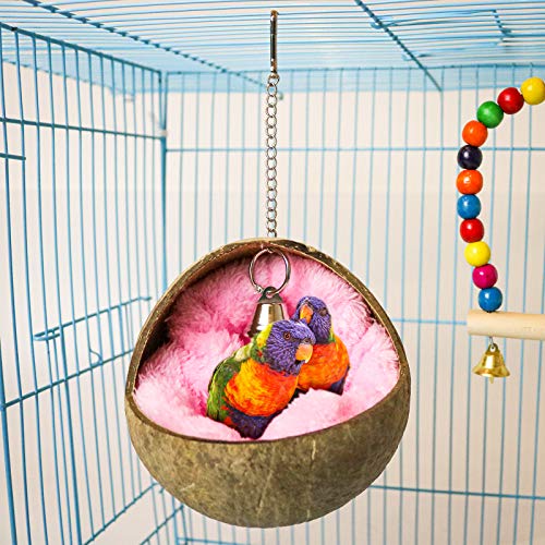 Natural Coconut Bird Nest,Parrot Coco Hut House Bed with Warm Mat Resting Breeding Place&Bird Natural Wood Swing Toys for Budgerigar, Parakeet, Cockatiel, Love Birds, Finches(H01)