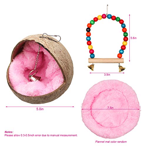 Natural Coconut Bird Nest,Parrot Coco Hut House Bed with Warm Mat Resting Breeding Place&Bird Natural Wood Swing Toys for Budgerigar, Parakeet, Cockatiel, Love Birds, Finches(H01)