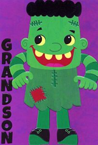 pictura cute frankenstein in green clothing juvenile halloween card for grandson