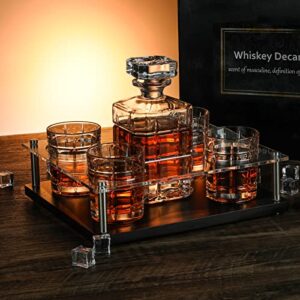 whiskey decanter set with glasses, whiskey glasses set of 4 with wooden base,crystal wine decanter for men 750ml