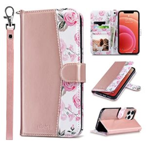 ulak compatible with iphone 12 pro max case with card holders, iphone 12 pro max case wallet for women, durable pu leather flip wristlet stand phone cases for iphone 12 pro max, rose gold